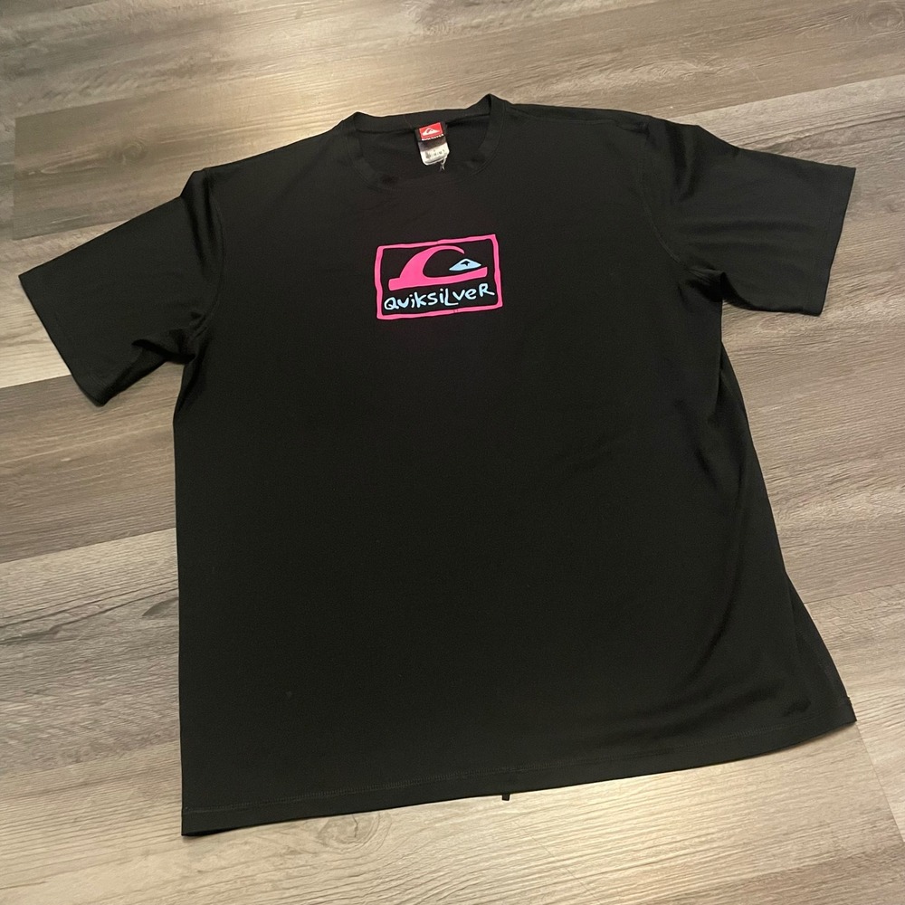 Quiksilver Mens Black Rash Guard Short Sleeve Swim Shirt Logo Pink Blue